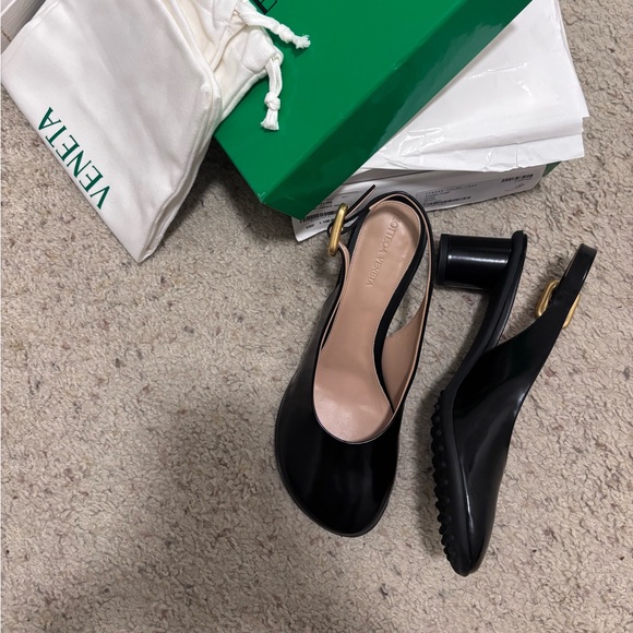 Bottega Veneta Shoes - Bottega Veneta Black Leather Slingback Heels with Gold Buckle
